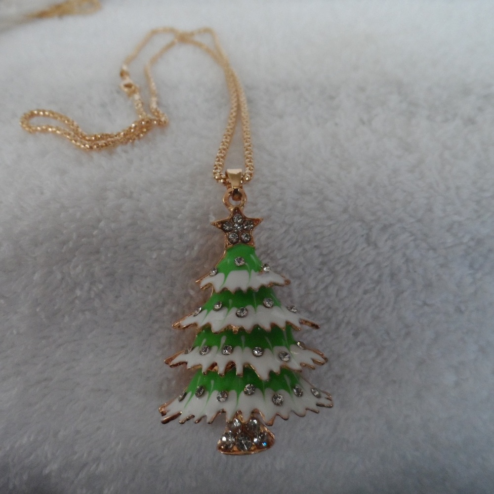 Green and white Christmas Tree pendant necklace